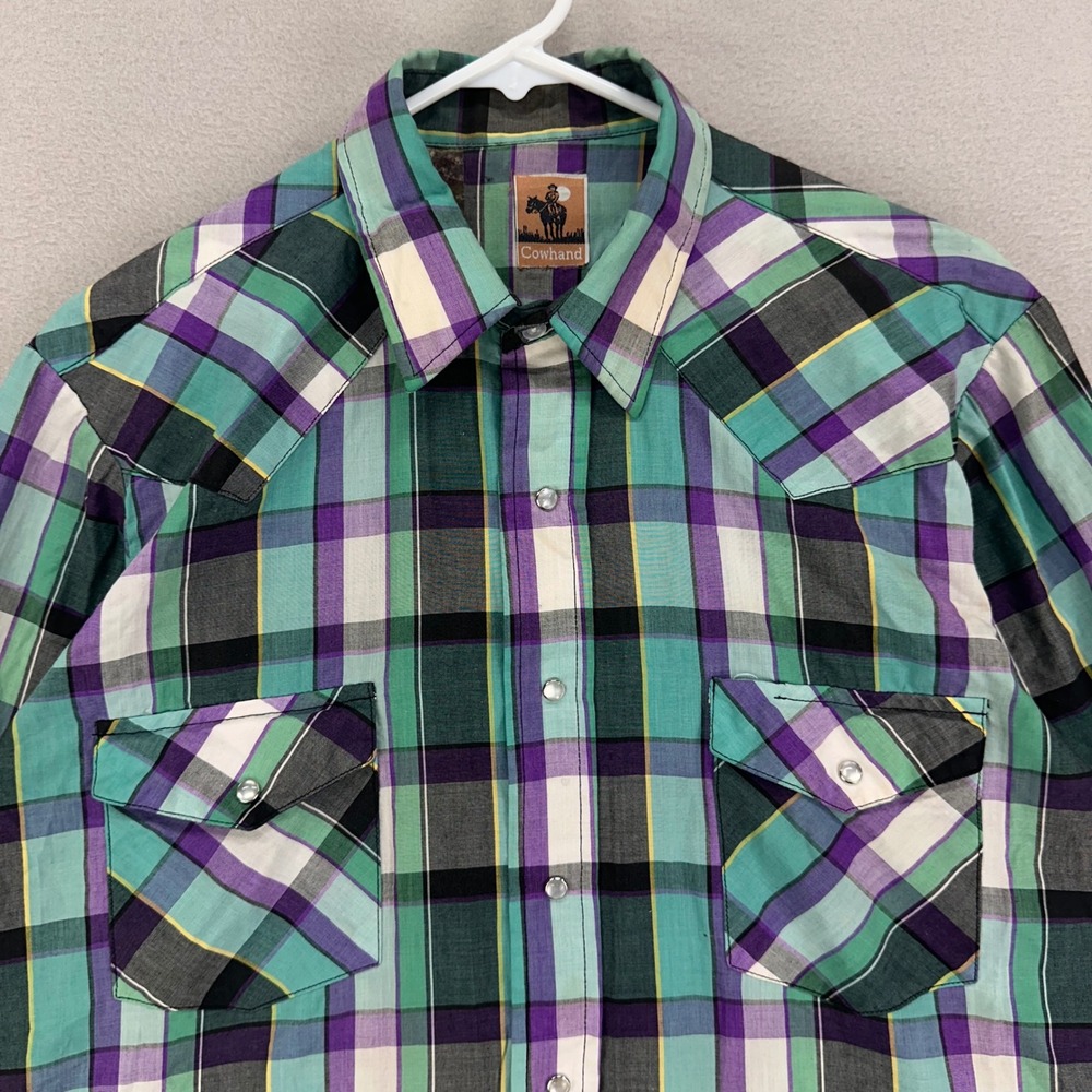 Cowhand Western Snap Shirt Mens M-L Plaid Long Sleeve Rodeo Ranch Work Cotton